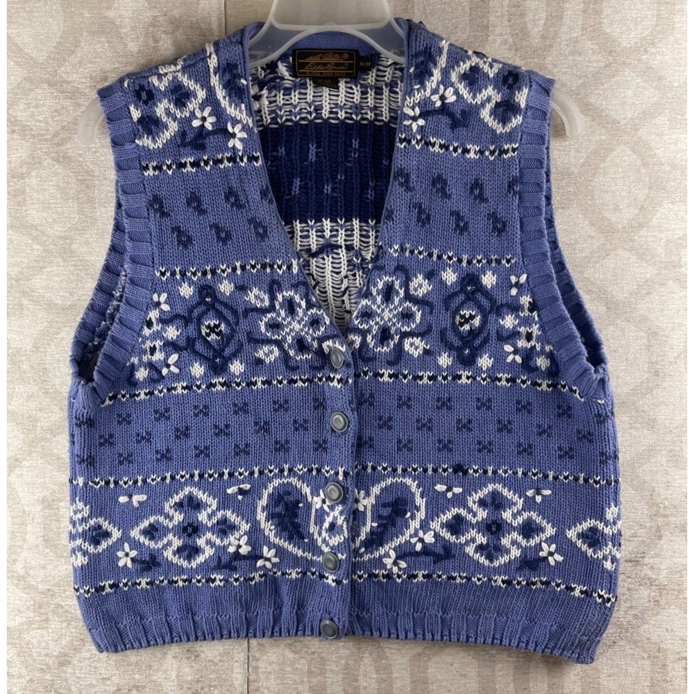 Eddie Bauer Vintage 1993 Women Medium Blue Fair Isle Floral Cotton Sweater Vest